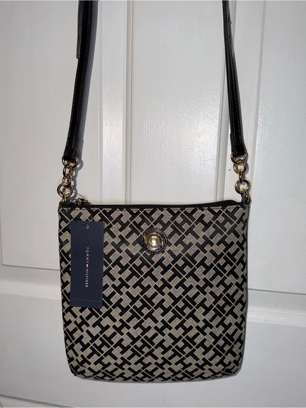 Tommy Hilfiger Black & Cream Patterned Crossbody